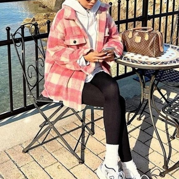 Pink Buffalo Plaid Flap Pocket Drop Shoulder Coat - Picture 1 of 6